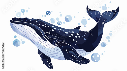 Whale. Stylized dark blue character with air bubbles.