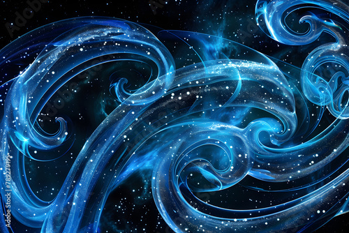 Vibrant blue neon celestial swirls. Shimmering silver accents on black background.