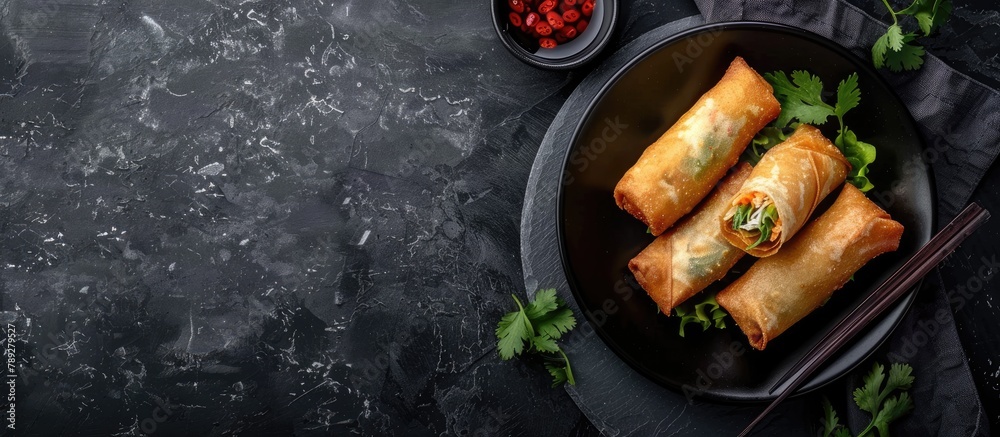 Obraz premium Top view of fried spring rolls on a black iron plate against a grey stone slate background with space for text.