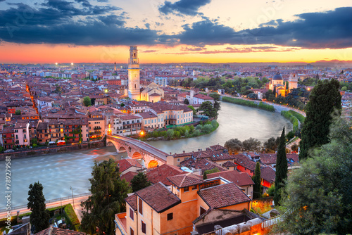 Verona, Italy. Aerial cityscape image of Verona, Italy at beautiful spring  sunset.