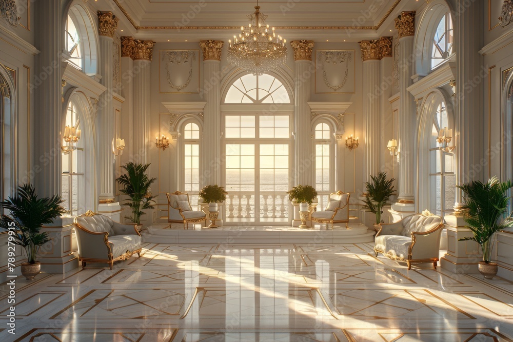 An opulent grand room with high ceilings, elegant white furniture, and expansive windows allowing bright sunlight to fill the space