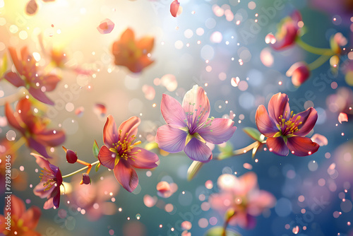 spring flowers floating in air, shallow depth of field