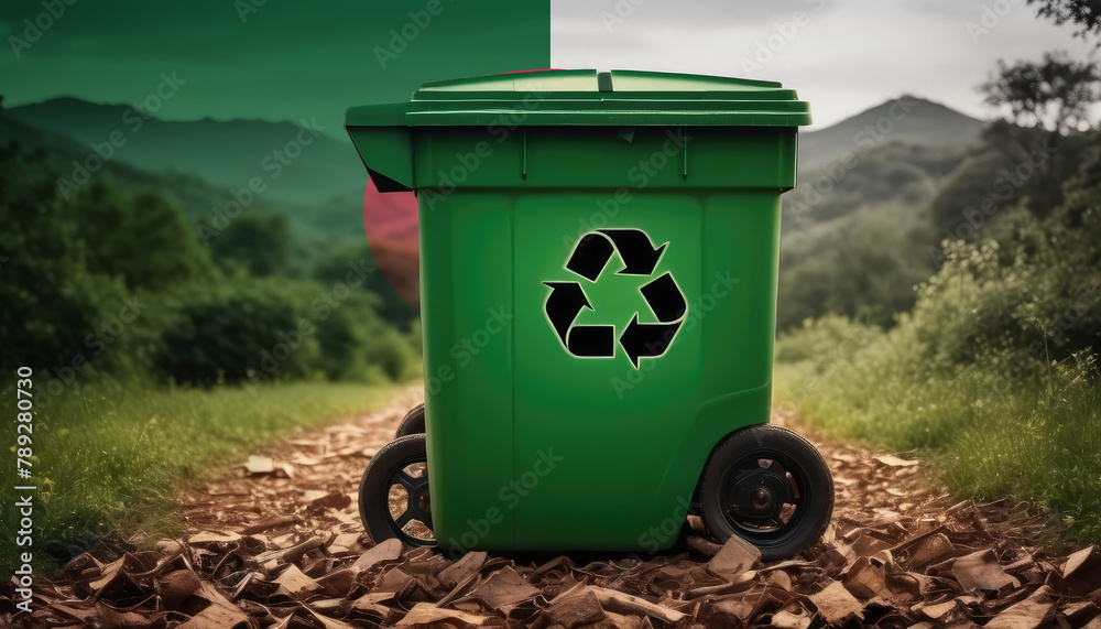 A garbage bin stands amidst the forest backdrop, with the Algeria flag waving above. Embracing eco-friendly practices, promoting waste recycling, and preserving nature's sanctity. A garbage bin stands amidst the forest backdrop, with the Algeria flag waving above. Embracing eco-friendly practices, promoting waste recycling, and preserving nature's sanctity.