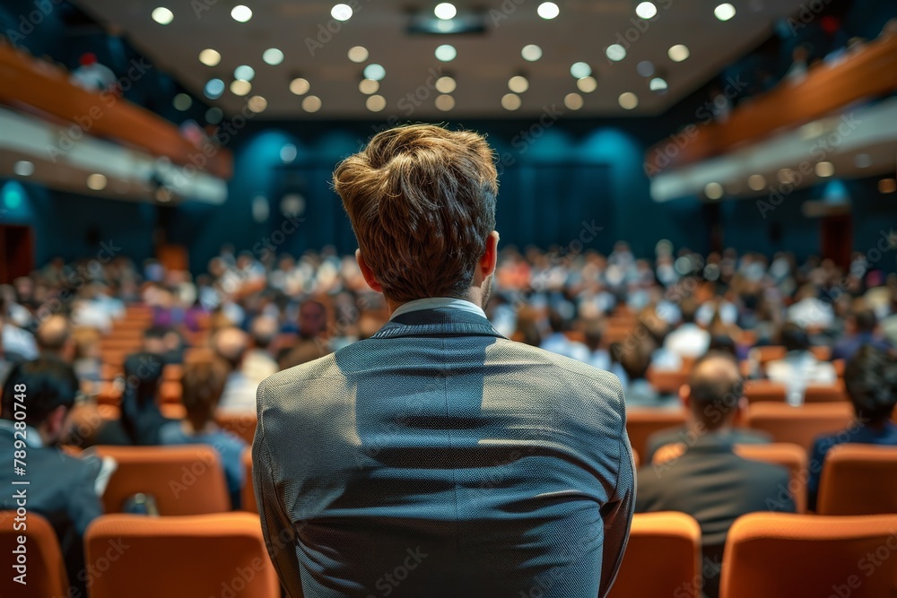 View from the speaker's perspective facing an attentive audience in an auditorium setting, focus on male presenter