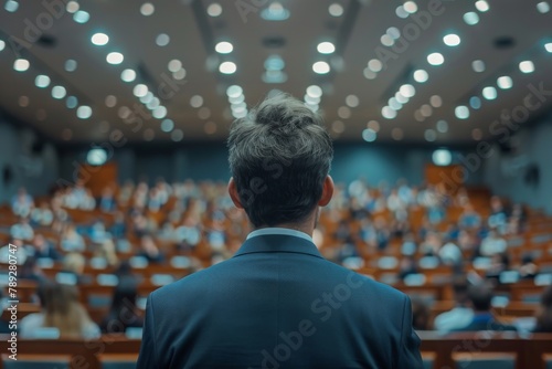 Photo capturing the back of a man speaking to an audience in a well-lit conference hall with comfortable seating