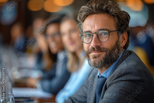 Mature businessman with glasses smiling, surrounded by colleagues in a restaurant setting © Odin AI