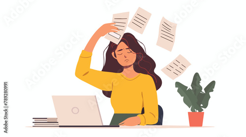 Woman holding a paper feels headache and worries abou photo