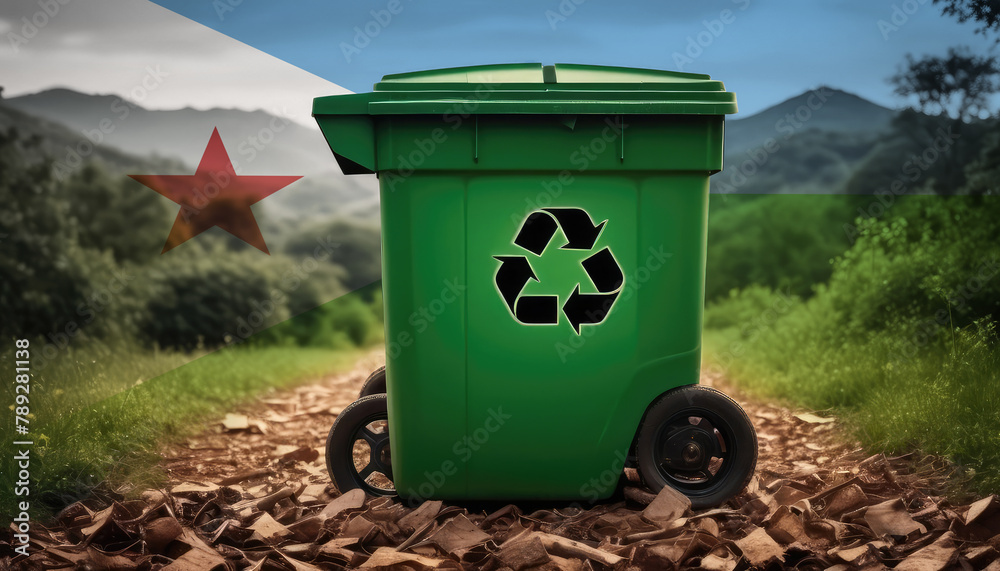 A garbage bin stands amidst the forest backdrop, with the Djibouti flag waving above. Embracing eco-friendly practices, promoting waste recycling, and preserving nature's sanctity. A garbage bin stands amidst the forest backdrop, with the Djibouti flag waving above. Embracing eco-friendly practices, promoting waste recycling, and preserving nature's sanctity.