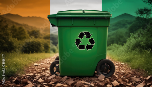 A garbage bin stands amidst the forest backdrop, with the Cote d'Ivoire flag waving above. Embracing eco-friendly practices, promoting waste recycling, and preserving nature's sanctity.