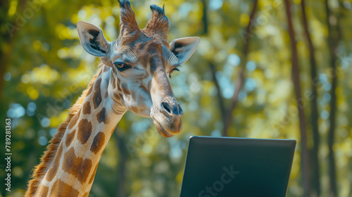 Giraffe looking at the laptop in a green forest. Wildlife technology concept. photo