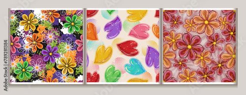 Seamless floral patterns with chamomile flowers, colorful hearts, splattered paint, halftone shapes. Groovy, hippie, naive style. Good for apparel, fabric, textile, surface design.