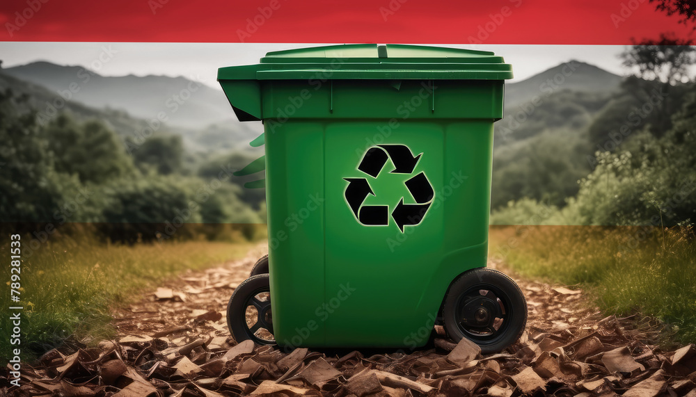 A garbage bin stands amidst the forest backdrop, with the Lebanon flag waving above. Embracing eco-friendly practices, promoting waste recycling, and preserving nature's sanctity. A garbage bin stands amidst the forest backdrop, with the Lebanon flag waving above. Embracing eco-friendly practices, promoting waste recycling, and preserving nature's sanctity.