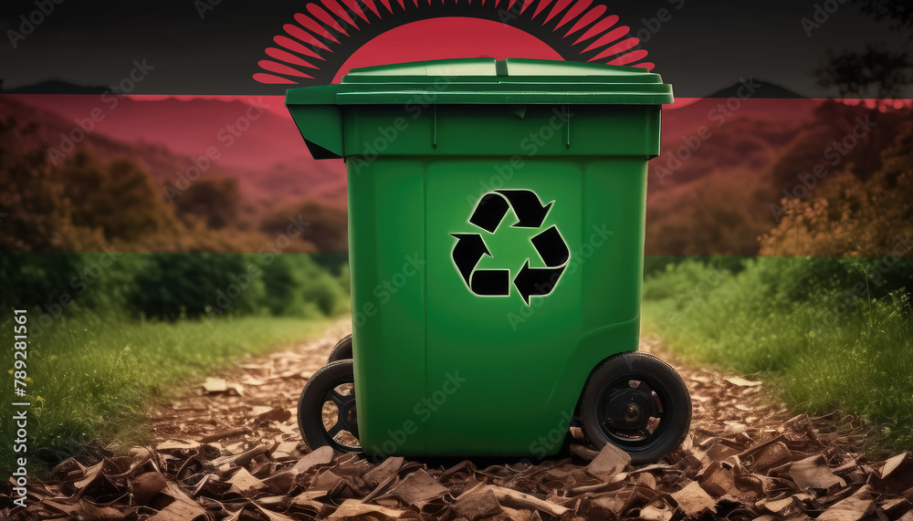 A garbage bin stands amidst the forest backdrop, with the Malawi flag waving above. Embracing eco-friendly practices, promoting waste recycling, and preserving nature's sanctity. A garbage bin stands amidst the forest backdrop, with the Malawi flag waving above. Embracing eco-friendly practices, promoting waste recycling, and preserving nature's sanctity.
