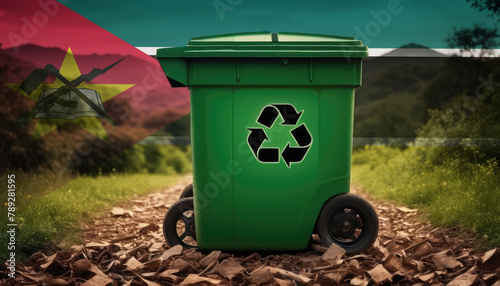 A garbage bin stands amidst the forest backdrop, with the Mozambique flag waving above. Embracing eco-friendly practices, promoting waste recycling, and preserving nature's sanctity.