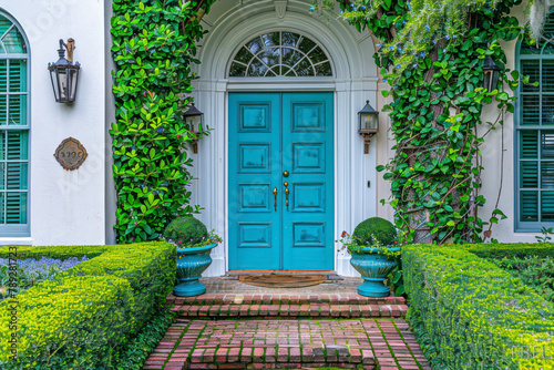 Beautifully decorated turquoise colored front door of traditional home. Brick path and trimmed hedges. photo