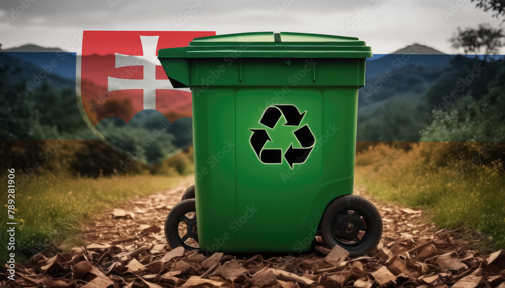 A garbage bin stands amidst the forest backdrop, with the Slovakia flag waving above. Embracing eco-friendly practices, promoting waste recycling, and preserving nature's sanctity. A garbage bin stands amidst the forest backdrop, with the Slovakia flag waving above. Embracing eco-friendly practices, promoting waste recycling, and preserving nature's sanctity.