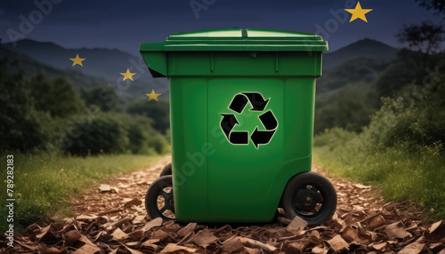 A garbage bin stands amidst the forest backdrop, with the Alaska flag waving above. Embracing eco-friendly practices, promoting waste recycling, and preserving nature's sanctity.