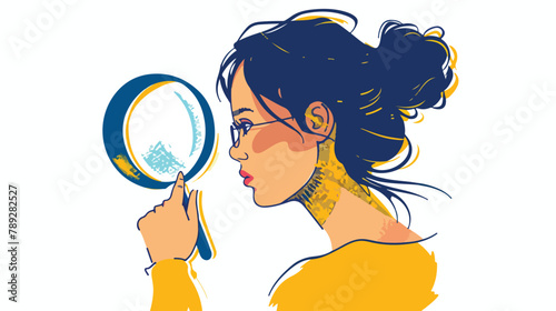 Woman looking through magnifying glass and thinking o