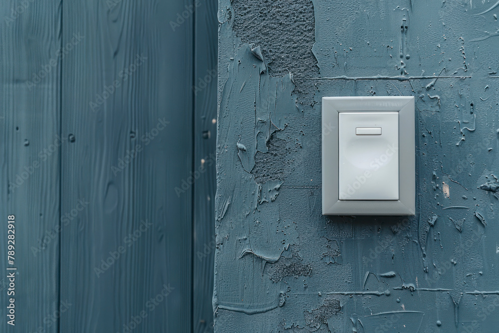 Light switch on the gray textured wall next to the door with metallic handle. Light switch on the gray textured wall next to the door with metallic handle.