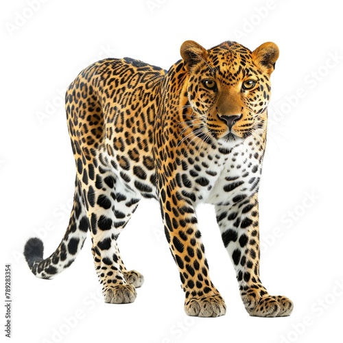 Leopard standing side view isolated on white background, photo realistic.