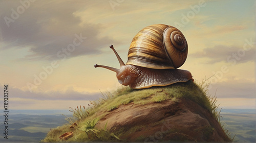 A snail with a house on top of a hill, as a symbol of persistence and perseverance.