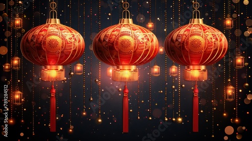 An oriental design wallpaper with Chinese hanging lanterns and gold texture for year of the dragon covers, banners, website, and decor.