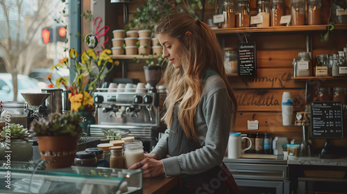 Coffee shop barista shares verbal menu with patron photo