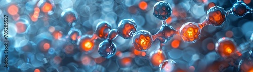 A 3D rendering of a molecular structure with blue and orange spheres connected by glowing bonds.