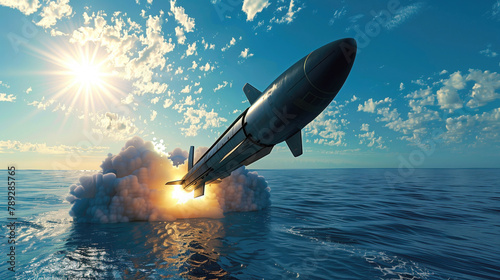 The military missile starts from the submarine. Military aggression. Ballistic rocket on take -off. photo