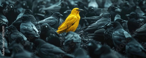 yellow bird vividly contrasts against a sea of black crows, symbolizing uniqueness and individuality in nature. photo