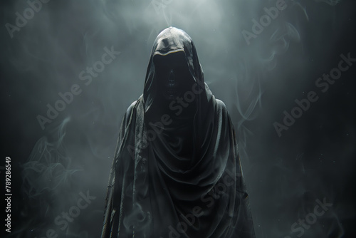 Scary figure with hooded cape in the dark photo