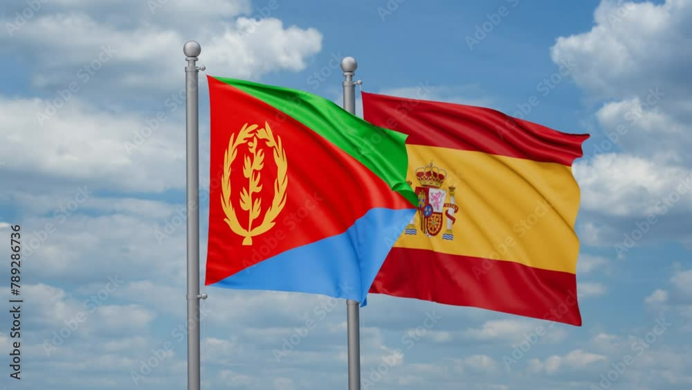 Spain and Eritrea two flags waving together, looped video, two country cooperation concept Spain and Eritrea two flags waving together, looped video, two country cooperation concept