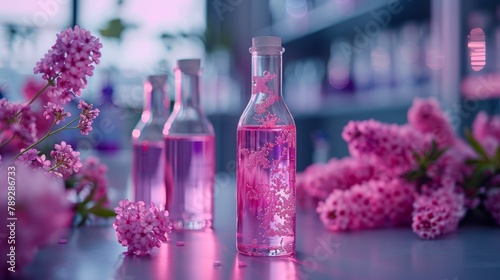 A close up image of a transparent bottle with a pink liquid and a flower on a table with a blurred background.