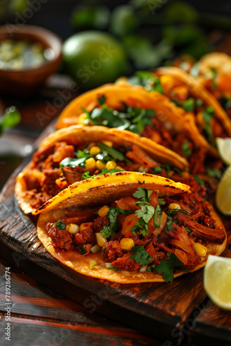 Traditional Mexican kitchen tacos al pastor recipe with homemade corn tortillas decorated with colorful fresh ingredients around.