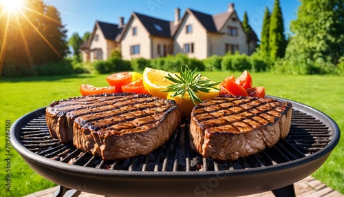 Close-up of juicy steaks with vegetables sizzling on a flaming grill, symbolizing sophistication and culinary art. BBQ grill for picnics in the garden. Have fun and enjoy grilling.