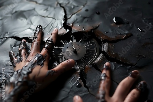 Melting Hands of Time. Open hand and fingers with hands reaching for melting clock .