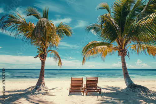 two beach chairs under palm trees on white sand by the ocean at sunny day. two lounge chairs on a sandy beach with blue sky