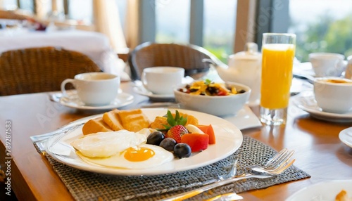 breakfast in the morning, Close up of dining table during breakfast in hotel.