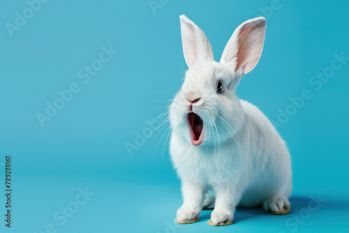 white rabbit with its mouth open isolated on a blue background. easter holiday concept celebration © Rangga Bimantara