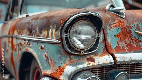 Closeup view of old car or abandoned automobile with rusted bodie and damaged metal parts photo