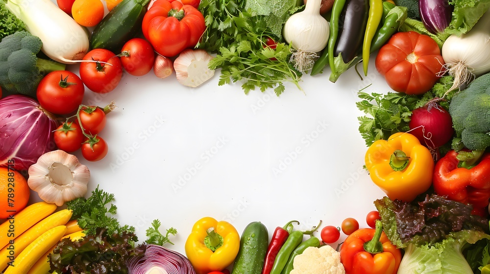 Frame made of different varieties of fresh vegetables with copy space in the middle on white background Frame made of different varieties of fresh vegetables with copy space in the middle on white background