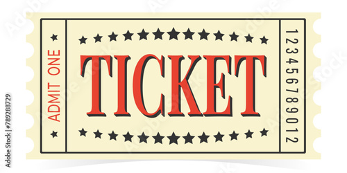Admit one retro ticket to cinema, concert, museum, festival, exhibition isolated on white background, vector.