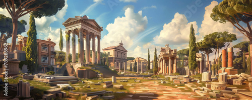 Ancient roman ruins with columns in Rome, panoramic view, generated ai 