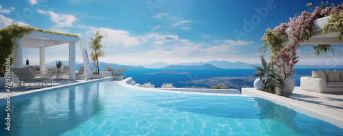 Luxury pool with breathtaking view, beautiful panoramic landscape, generated ai 