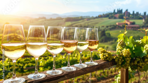 Wine tasting on summer patio  warm sunny weather  vineyards in the background