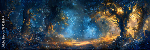 Enchanted forest path illuminated by mystic light. Digital fantasy artwork for storytelling and game background design