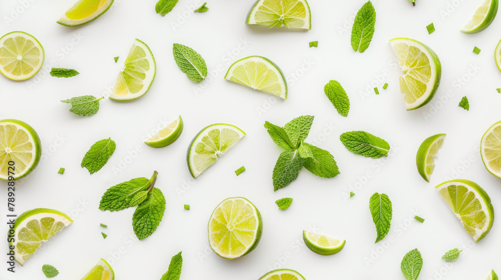 Seamless flat lay background with limes and mint on white background Seamless flat lay background with limes and mint on white background