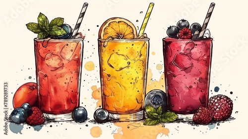 Smoothies and sparkling drinks designed with cute doodles. Various fruit drinks in glasses for logo, advertisement, promotion, marketing, banner.