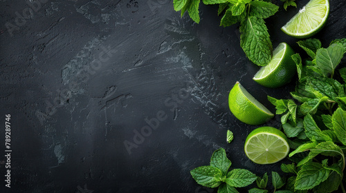 Fresh mint and ripe limes flat lay, template for menu or recipe, on dark slate stone background