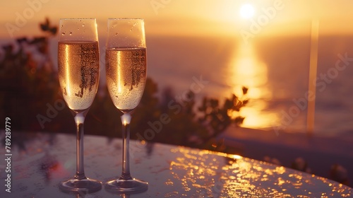 Two glasses of cold champagne on a table near the litoral of the sea with beautiful sunset on the background photo